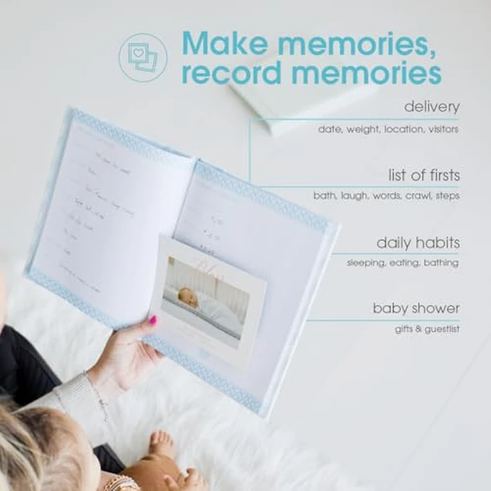 Pearhead First 5 Years Chevron Baby Memory Book with Clean-Touch Baby Safe Ink Pad to Make Baby's Hand or Footprint Included, Blue by Pearhead - Image 5