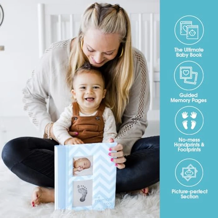 Pearhead First 5 Years Chevron Baby Memory Book with Clean-Touch Baby Safe Ink Pad to Make Baby's Hand or Footprint Included, Blue by Pearhead - Image 7