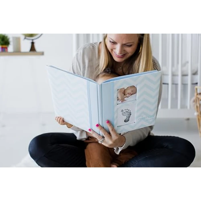 Pearhead First 5 Years Chevron Baby Memory Book with Clean-Touch Baby Safe Ink Pad to Make Baby's Hand or Footprint Included, Blue by Pearhead - Image 10