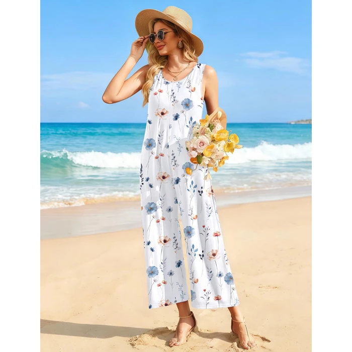 Ekouaer Sleeveless Jumpsuits for Women Casual Summer Scoop Neck Tank Rompers Wide Leg Pants Overall Jumpers with Pockets Flowers L by Ekouaer - Image 2