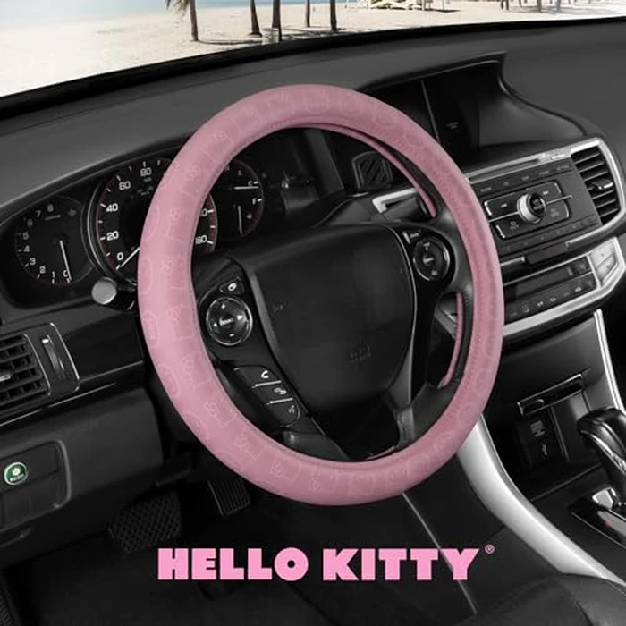 Sanrio Hello Kitty Pink Car Steering Wheel Cover, Universal Fit Cute Car Accessories for Women Stylish Decor Gifts Hello Kitty Accessories - Fits Standard Wheels 14.5"-15" by Carbella - Image 2