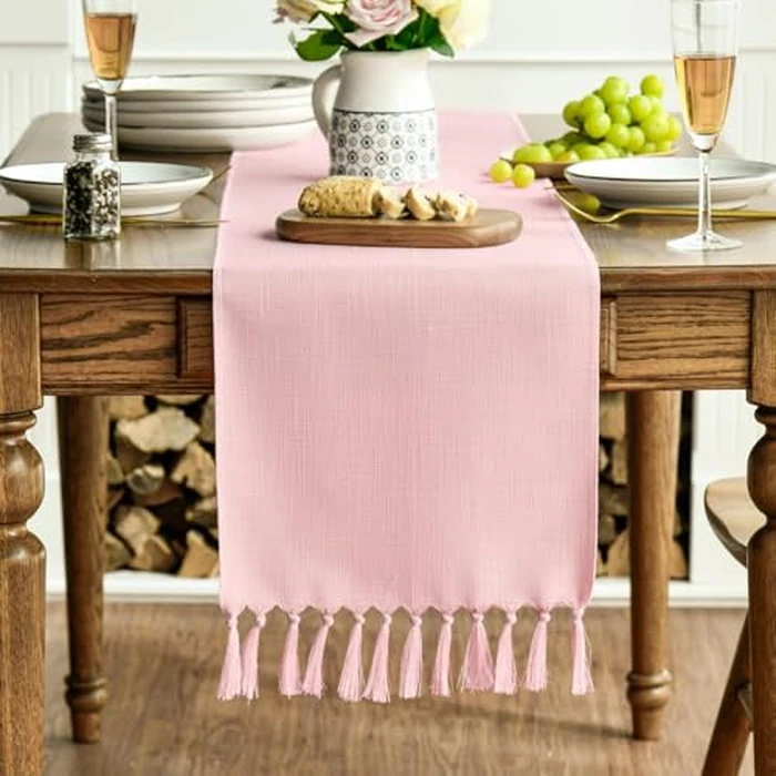 Artoid Mode Blush Pink Tassel Table Runner, Linen Blend Rustic Farmhouse Style Kitchen Table Decoration Holiday Wedding Party Dinning Decor 13x72 Inch by Artoid Mode - Image 2