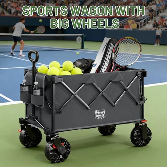 Timber Ridge Outdoor Collapsible Folding Wagon with Brakes and Cup Holders, 500lbs Heavy Duty All Terrain Wheels Utility Cart for Shopping Camping Garden Sports, Grey by TIMBER RIDGE - Image 2