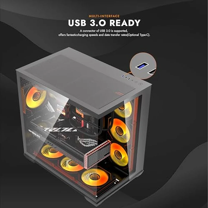 darkFlash C280 E-ATX Full-Tower PC Gaming Case, 7xARGB Fans Included, 270 degrees Tempered Glass,Reverse Connection Motherboard Compatible, Supports RTX 5090 up to 420mm, 360mm Radiator Support，Black by darkFlash - Image 4