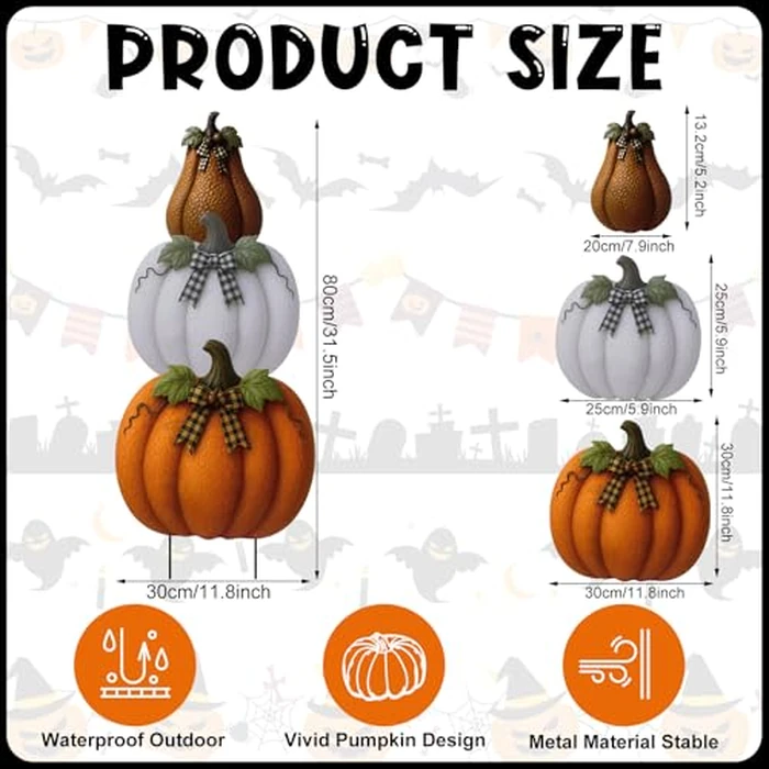 Otoolling 3 Pcs Thanksgiving Metal Stacked Pumpkin Garden Stakes Outdoor 3D Retro Pumpkin Decoration Fall Yard Stakes Lawn Signs Decorative for Autumn Harvest Holiday Pathway Patio Decor by Otoolling - Image 2
