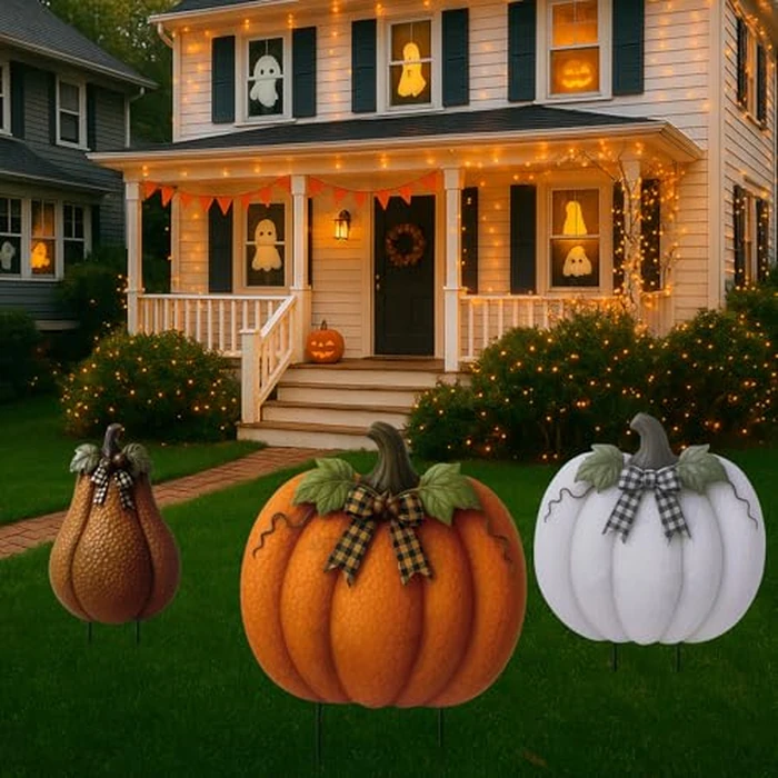 Otoolling 3 Pcs Thanksgiving Metal Stacked Pumpkin Garden Stakes Outdoor 3D Retro Pumpkin Decoration Fall Yard Stakes Lawn Signs Decorative for Autumn Harvest Holiday Pathway Patio Decor by Otoolling - Image 6