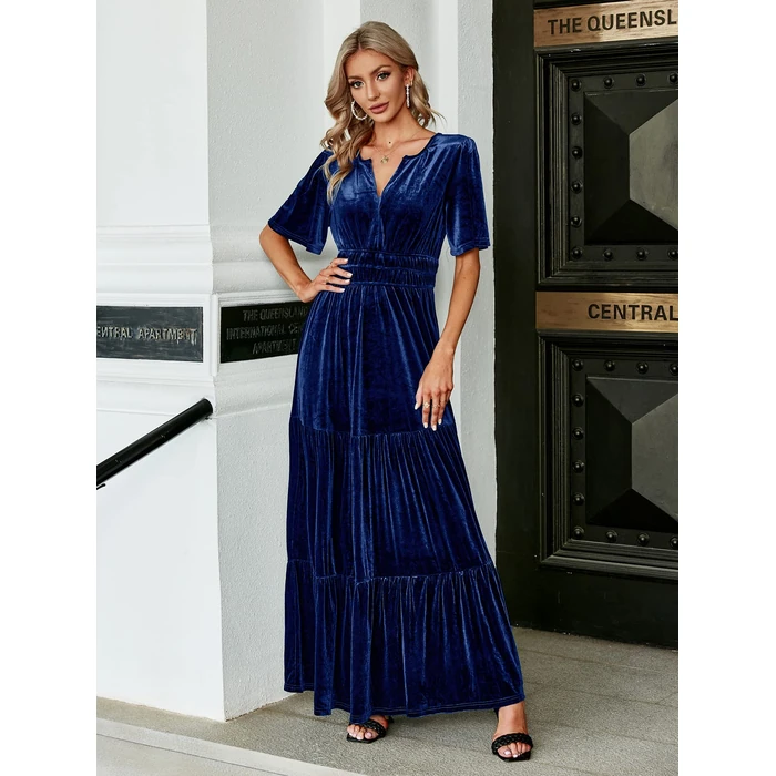 Amegoya Women's Velvet Short Sleeve V Neck Formal Wedding Guest Maxi Dresses Fall Evening Party Long Dresses（S Navy Blue） by Amegoya - Image 3