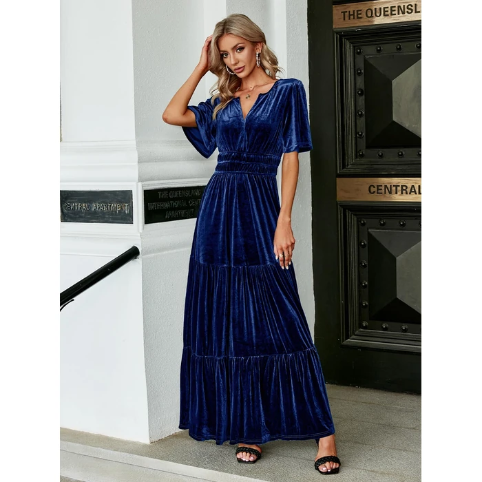 Amegoya Women's Velvet Short Sleeve V Neck Formal Wedding Guest Maxi Dresses Fall Evening Party Long Dresses（S Navy Blue） by Amegoya - Image 6