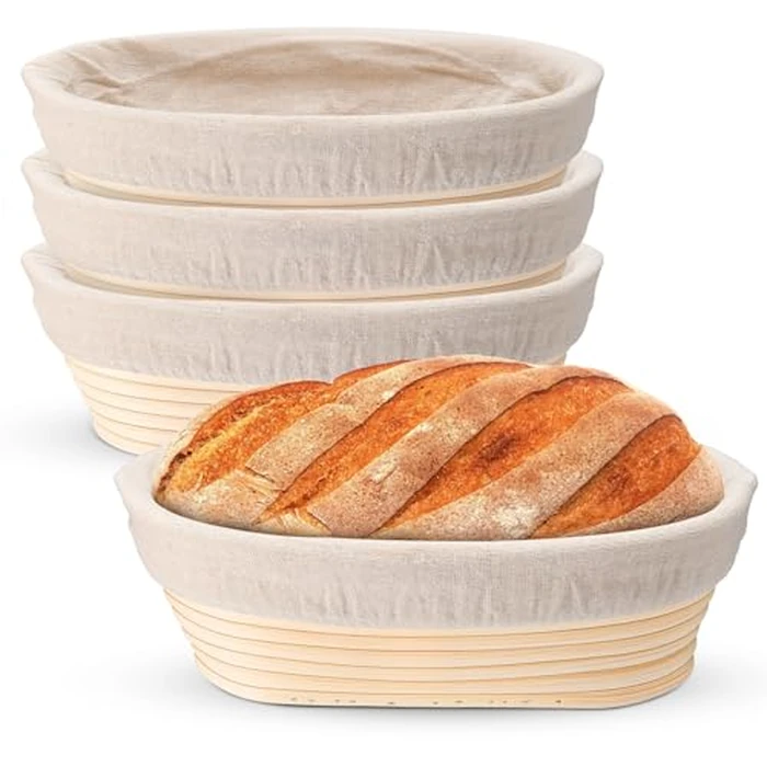 P&P CHEF Sourdough Bread Proofing Basket Set of 4, 10 Inch Oval Dough Proofing Bowls, Sourdough Bread Baking Supplies for Bakers, Handmade Rattan Baskets with Cloth Liner by P&P CHEF - Used - Like New condition