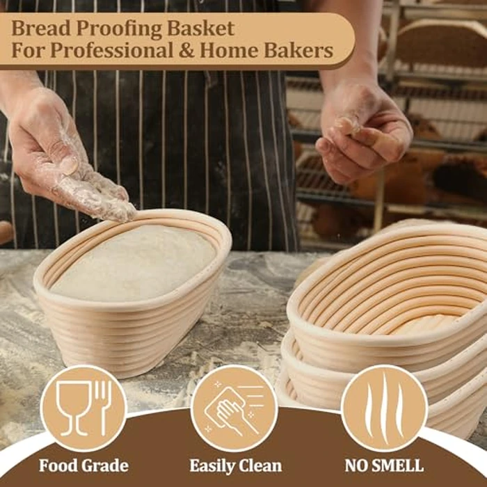 P&P CHEF Sourdough Bread Proofing Basket Set of 4, 10 Inch Oval Dough Proofing Bowls, Sourdough Bread Baking Supplies for Bakers, Handmade Rattan Baskets with Cloth Liner by P&P CHEF - Image 5