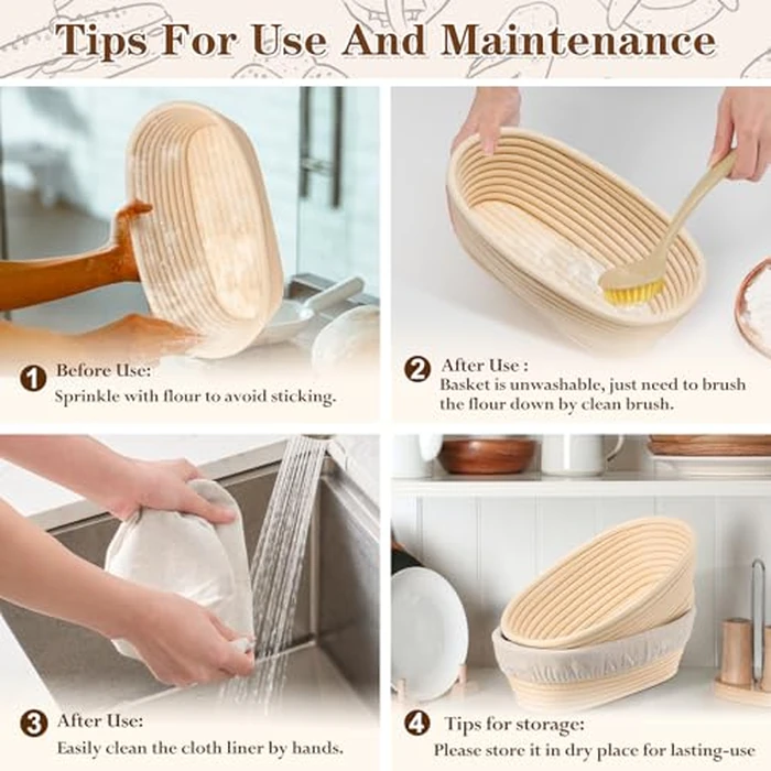 P&P CHEF Sourdough Bread Proofing Basket Set of 4, 10 Inch Oval Dough Proofing Bowls, Sourdough Bread Baking Supplies for Bakers, Handmade Rattan Baskets with Cloth Liner by P&P CHEF - Image 6