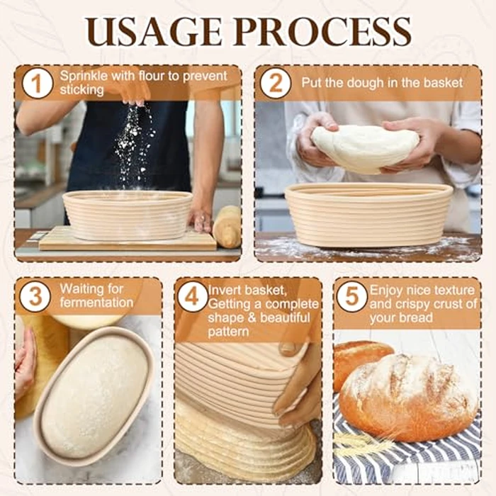 P&P CHEF Sourdough Bread Proofing Basket Set of 4, 10 Inch Oval Dough Proofing Bowls, Sourdough Bread Baking Supplies for Bakers, Handmade Rattan Baskets with Cloth Liner by P&P CHEF - Image 7