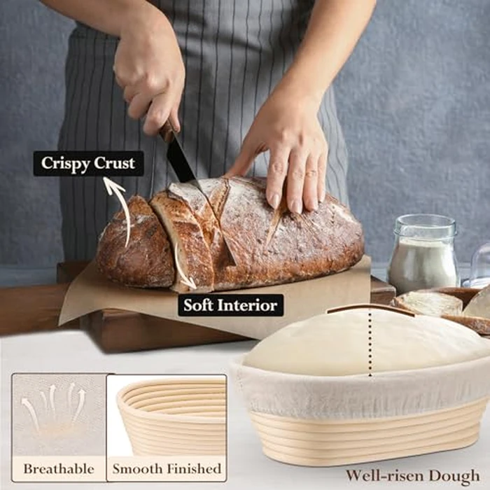 P&P CHEF Sourdough Bread Proofing Basket Set of 4, 10 Inch Oval Dough Proofing Bowls, Sourdough Bread Baking Supplies for Bakers, Handmade Rattan Baskets with Cloth Liner by P&P CHEF - Image 8