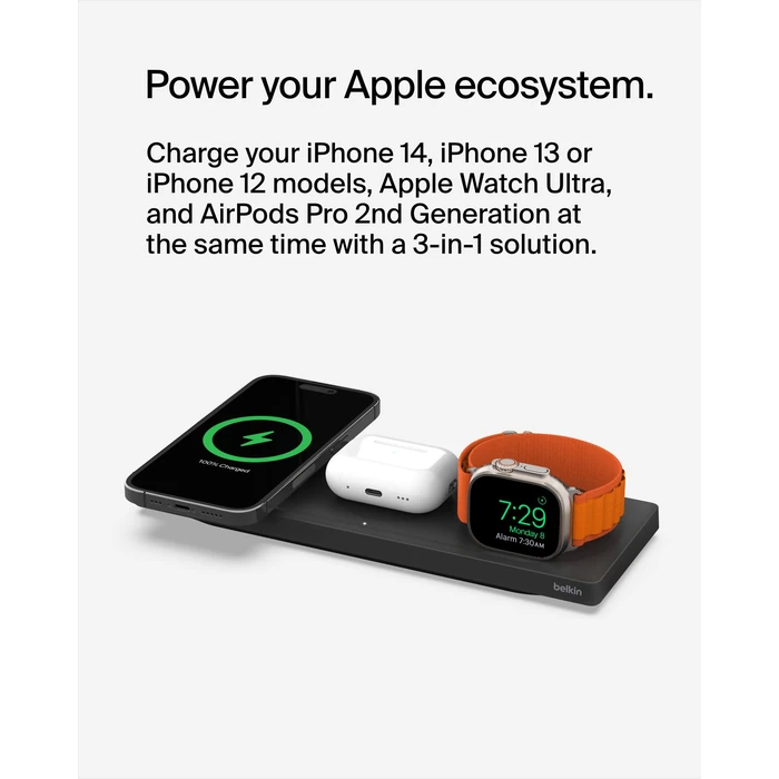 Belkin MagSafe 3-in-1 Wireless Charging Pad - Fast Wireless Charging for Apple Watch, iPhone 14, iPhone 13 & iPhone 12 Series, & AirPods - MagSafe Charging Station for Multiple Devices - Black by Belkin - Image 4