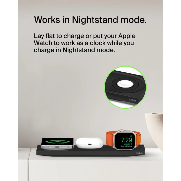 Belkin MagSafe 3-in-1 Wireless Charging Pad - Fast Wireless Charging for Apple Watch, iPhone 14, iPhone 13 & iPhone 12 Series, & AirPods - MagSafe Charging Station for Multiple Devices - Black by Belkin - Image 7