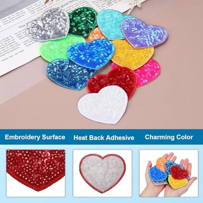 MECCANIXITY 12 Pcs Sequin Heart Iron on Patches, 2.7 x 2.4 Inch Embroidery Sequin Patches for Clothing Repair Backpack Shoes Decoration, Bright Red by MECCANIXITY - Image 3