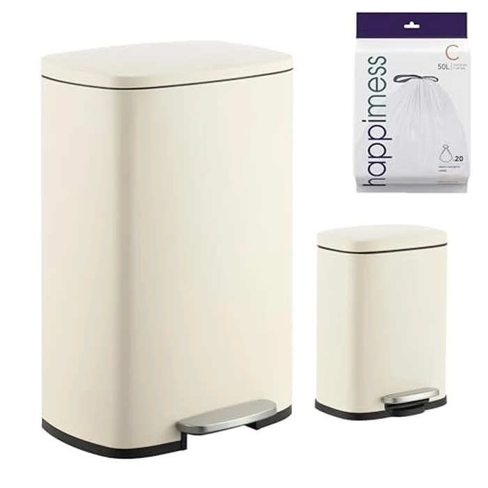 happimess HPM1006F Connor Rectangular 13-Gallon Trash Can with Soft-Close Lid and Free Mini Trash Can, Fingerprint Resistant, Modern, Minimalistic for Home, Kitchen, Office, Bathroom, Limestone Beige by happimess - Used - Like New condition