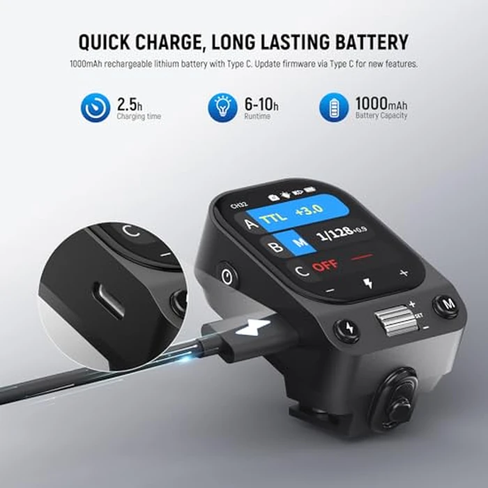 NEEWER QZ-C 2.4G TTL Wireless Flash Trigger Compatible with Canon R6 R5 6D Mark II Cameras, OLED Touchscreen Hot Shoe Flash Transmitter with 1/8000s HSS, 1000mAh Battery/CM Switch by NEEWER - Image 6