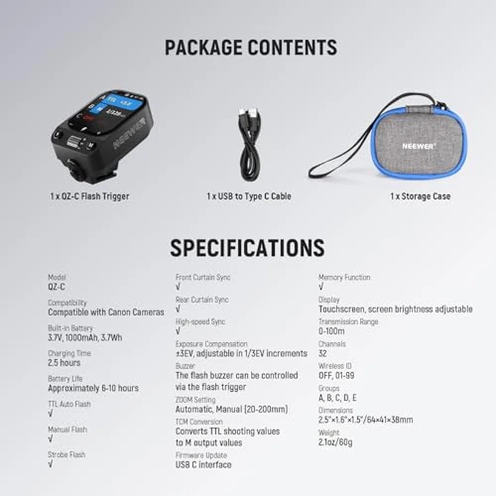 NEEWER QZ-C 2.4G TTL Wireless Flash Trigger Compatible with Canon R6 R5 6D Mark II Cameras, OLED Touchscreen Hot Shoe Flash Transmitter with 1/8000s HSS, 1000mAh Battery/CM Switch by NEEWER - Image 8