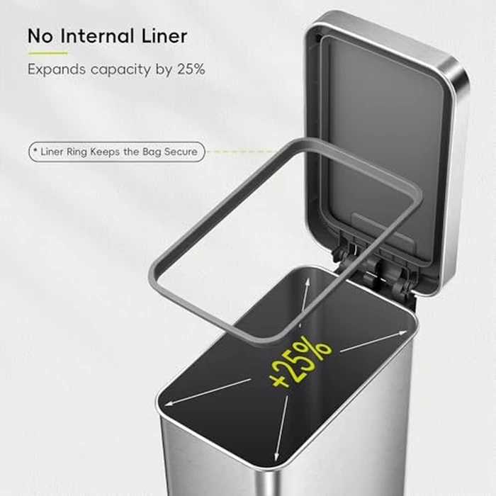 EKO Hudson Slim 50L / 13.2 Gallon Kitchen Trash Can with Lid, Stainless Steel Step Garbage Can for Kitchen or Home, Space-Saving Garbage Can with Soft Close Lid, Stay-Open, Liner Ring, Handle by EKO - Image 3