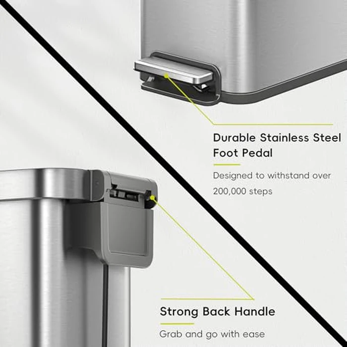 EKO Hudson Slim 50L / 13.2 Gallon Kitchen Trash Can with Lid, Stainless Steel Step Garbage Can for Kitchen or Home, Space-Saving Garbage Can with Soft Close Lid, Stay-Open, Liner Ring, Handle by EKO - Image 7