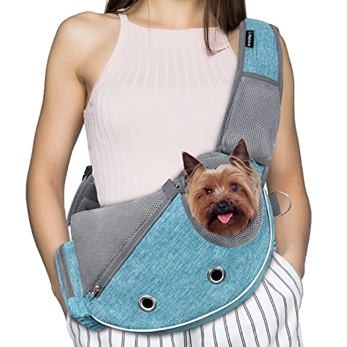 PetAmi Dog Sling Carrier for Small Dogs, Puppy Carrier Sling Purse, Dog Bags For Traveling, Carrying Bag to Wear Medium Cat, Adjustable Crossbody Pet Sling Travel, Poop Bag Dispenser, Max 10 lbs, Blue by PetAmi - Used - Like New condition - US$20.92