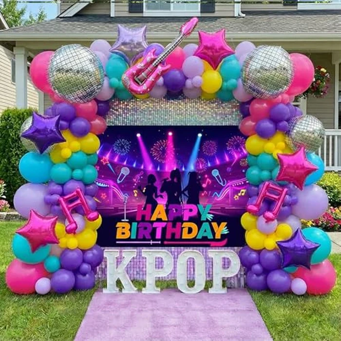 Purple pink teal kpop theme Balloon Arch Garland Kit with backdrop Musical symbols Disco Star mylar balloons for kpop music Birthday Decorations Y2K Concert Movies Tv fans Party Supplies by LuftParty - Image 1