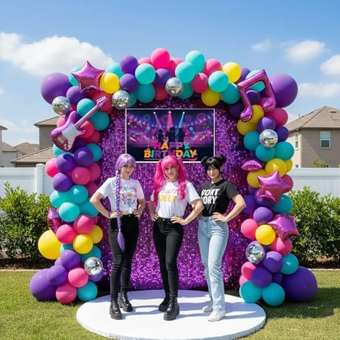 Purple pink teal kpop theme Balloon Arch Garland Kit with backdrop Musical symbols Disco Star mylar balloons for kpop music Birthday Decorations Y2K Concert Movies Tv fans Party Supplies by LuftParty - Image 2