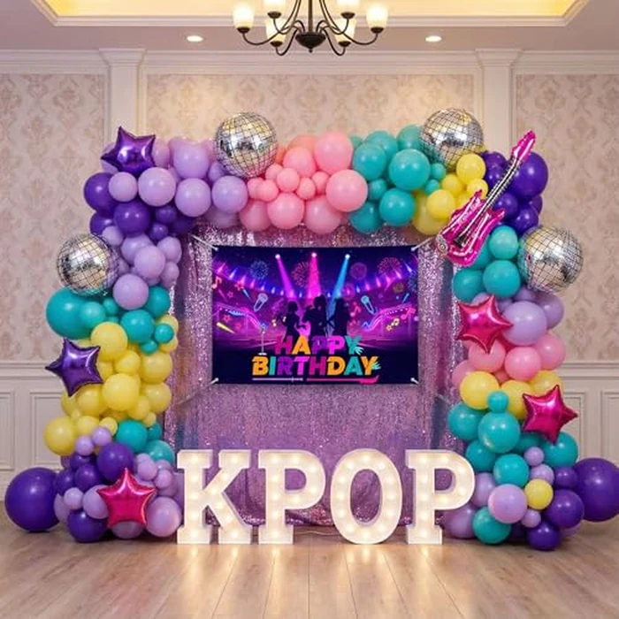 Purple pink teal kpop theme Balloon Arch Garland Kit with backdrop Musical symbols Disco Star mylar balloons for kpop music Birthday Decorations Y2K Concert Movies Tv fans Party Supplies by LuftParty - Image 3