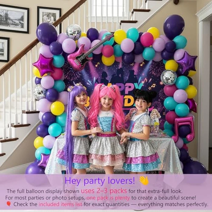 Purple pink teal kpop theme Balloon Arch Garland Kit with backdrop Musical symbols Disco Star mylar balloons for kpop music Birthday Decorations Y2K Concert Movies Tv fans Party Supplies by LuftParty - Image 4