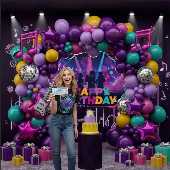 Purple pink teal kpop theme Balloon Arch Garland Kit with backdrop Musical symbols Disco Star mylar balloons for kpop music Birthday Decorations Y2K Concert Movies Tv fans Party Supplies by LuftParty - Image 5
