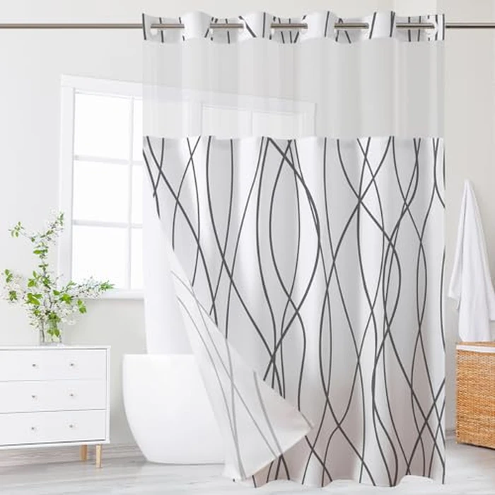 ECUCM Shower Curtain with Snap in Removable Liner for Bathroom Bathtubs, Shower Curtain Liner with 2 Magnets, Polyester Waterproof Fabric with See Through Mesh Top Window, (Grey White, 71" W X 74" H) by ECUCM - Used - Like New condition
