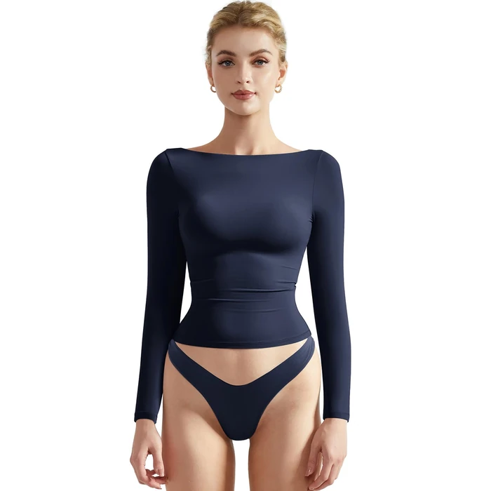 SUUKSESS Women Crew Neck Long Sleeve T Shirts Double Lined Tight Fitted Crop Top (Navy Blue,M) by SUUKSESS - Image 1