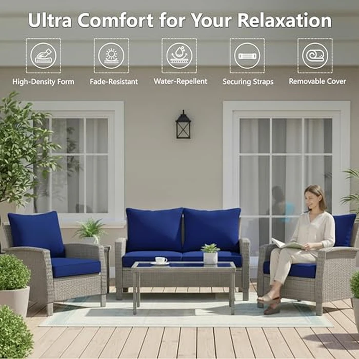 24x24 Inch Outdoor Chair Cushions Set of 4, Patio Furniture Cushions - Removable Cover, Water-Repellent, Fade-Resistant, Non-Slip Bottom & Straps, Replacement for Deep Seat Sofa & Couch - Navy by Honorbox - Image 2