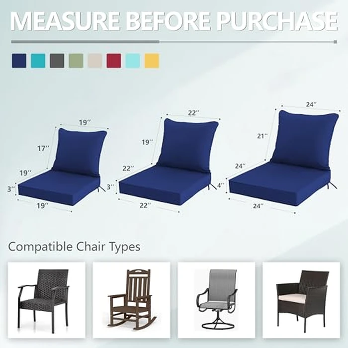 24x24 Inch Outdoor Chair Cushions Set of 4, Patio Furniture Cushions - Removable Cover, Water-Repellent, Fade-Resistant, Non-Slip Bottom & Straps, Replacement for Deep Seat Sofa & Couch - Navy by Honorbox - Image 7