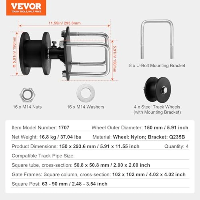 VEVOR Sliding Gate Kit, Rolling Gate Hardware Kit w/H-Shaped Wheel Groove for Cantilever Sliding Gates and Rolling Door, Sliding Gate Rollers w/ 4 Track Wheels, Heavy Duty Sliding Roller,Black by VEVOR - Image 7
