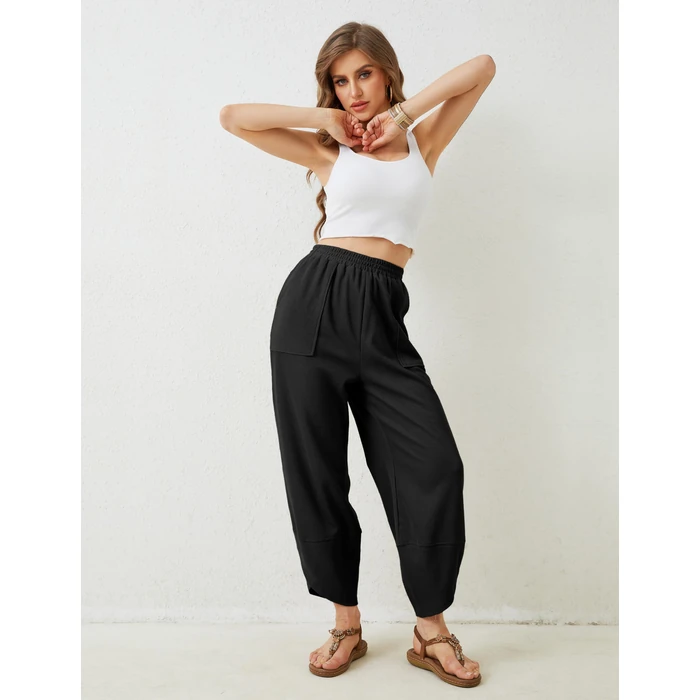 Himosyber Women Cotton Pants Wide Leg Pants Casual Loose Baggy Elastic Waist Beach Palazzo Harem Pants (Black-S) by Himosyber - Image 3