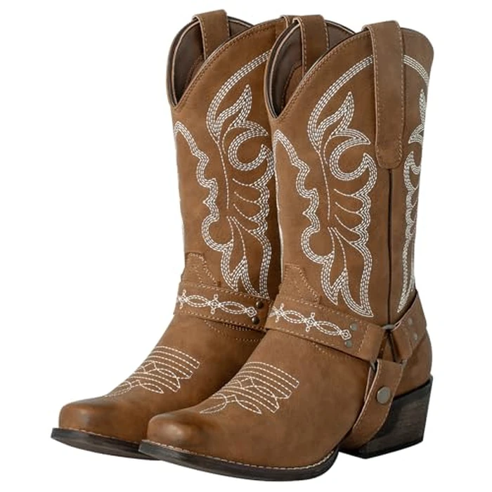 J's.o.l.e Women's Square Toe Cowgirl Cowboy Boots Mid Calf Western Riding Boots with Fashion Buckle Strap Brown US 7 by J's.o.l.e - Used - Like New condition