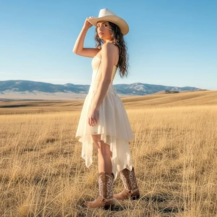 J's.o.l.e Women's Square Toe Cowgirl Cowboy Boots Mid Calf Western Riding Boots with Fashion Buckle Strap Brown US 7 by J's.o.l.e - Image 3