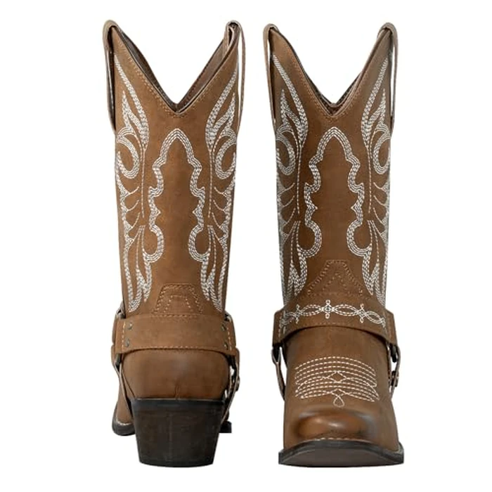 J's.o.l.e Women's Square Toe Cowgirl Cowboy Boots Mid Calf Western Riding Boots with Fashion Buckle Strap Brown US 7 by J's.o.l.e - Image 4
