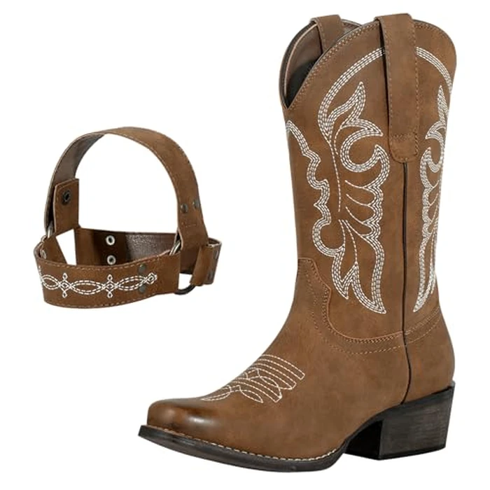 J's.o.l.e Women's Square Toe Cowgirl Cowboy Boots Mid Calf Western Riding Boots with Fashion Buckle Strap Brown US 7 by J's.o.l.e - Image 5