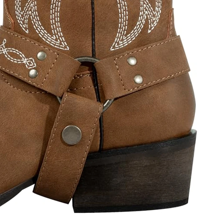 J's.o.l.e Women's Square Toe Cowgirl Cowboy Boots Mid Calf Western Riding Boots with Fashion Buckle Strap Brown US 7 by J's.o.l.e - Image 7