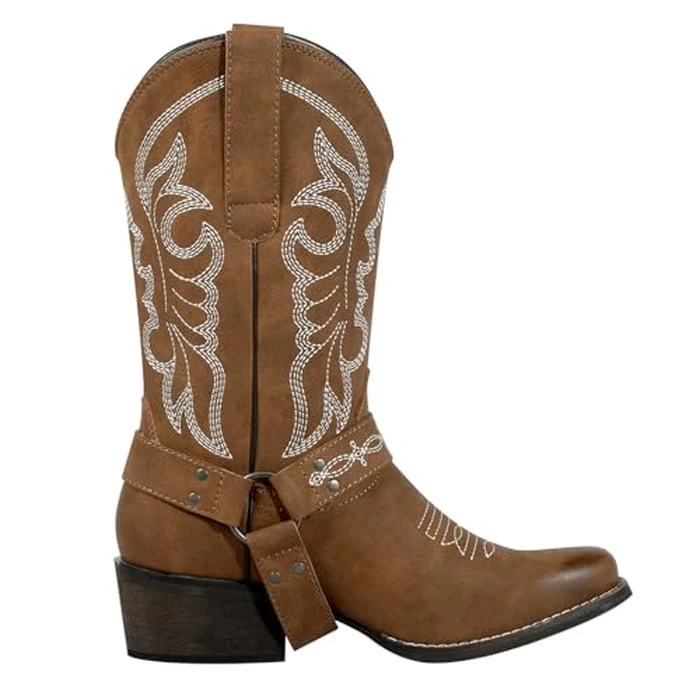 J's.o.l.e Women's Square Toe Cowgirl Cowboy Boots Mid Calf Western Riding Boots with Fashion Buckle Strap Brown US 7 by J's.o.l.e - Image 8