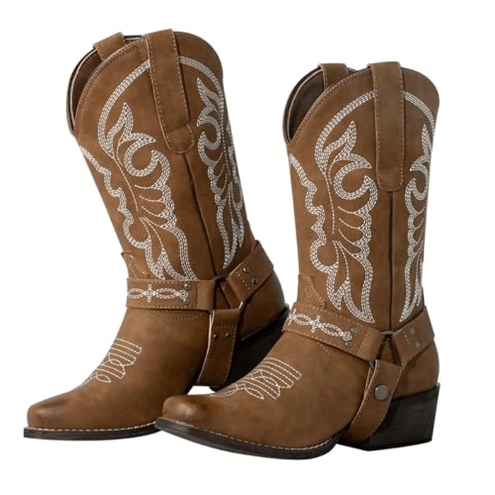 J's.o.l.e Women's Square Toe Cowgirl Cowboy Boots Mid Calf Western Riding Boots with Fashion Buckle Strap Brown US 7 by J's.o.l.e - Image 9