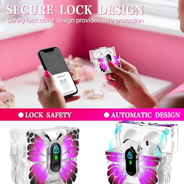 R-fun for AirPods 4 Case Butterfly Artistry - Auto Pop-Up Lid & Kickstand Function, Military-Grade 360 degrees Protection with Beautiful Bracelet & Cleaning Kit for AirPods 4th Gen 2024,Black Rose Red by R-fun - Image 2