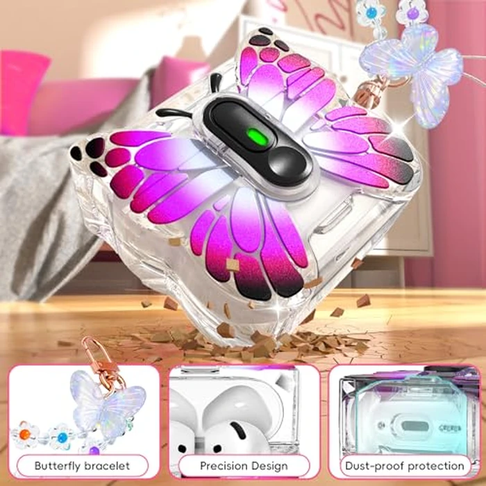 R-fun for AirPods 4 Case Butterfly Artistry - Auto Pop-Up Lid & Kickstand Function, Military-Grade 360 degrees Protection with Beautiful Bracelet & Cleaning Kit for AirPods 4th Gen 2024,Black Rose Red by R-fun - Image 5