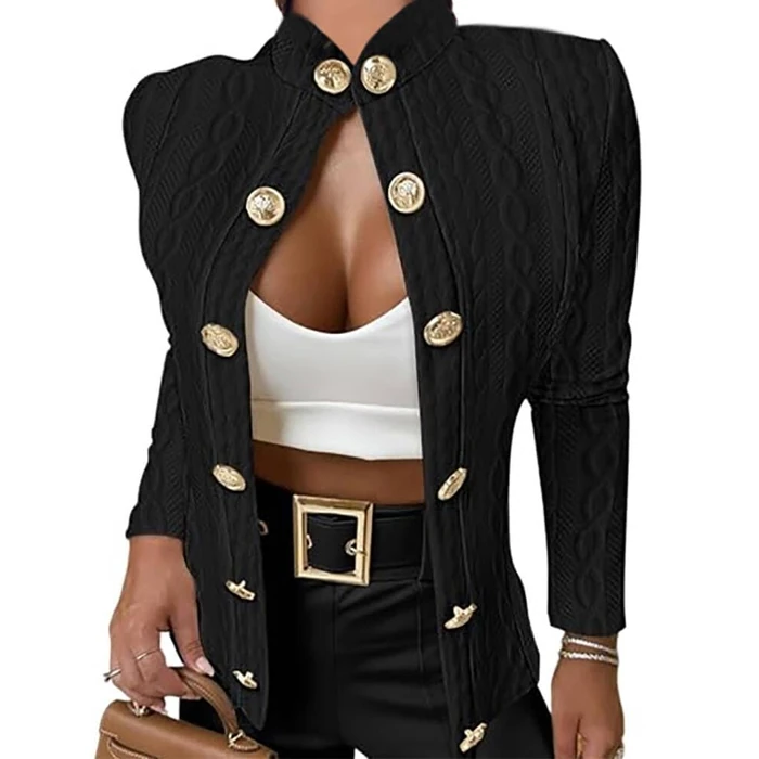 CHICME Women Argyle Cable Cardigan Casual Lightweight Cropped Coat Stand Collar Long Sleeve Metal Button Front Fall Black Jackets-L by CHICME - Image 1