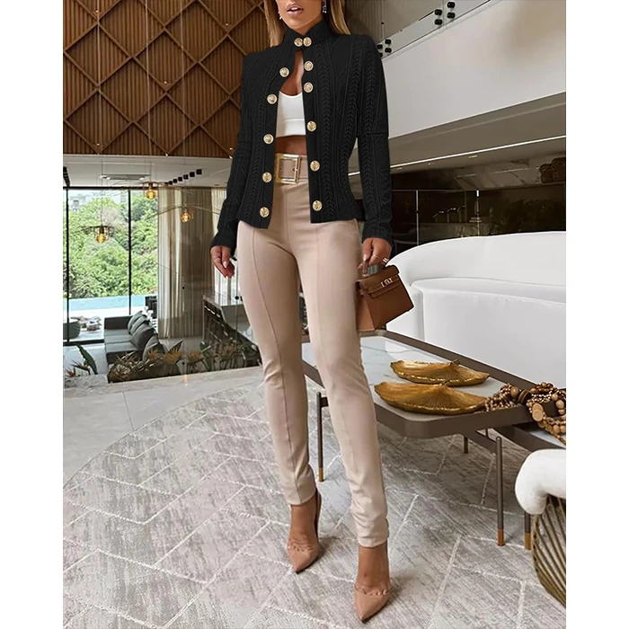 CHICME Women Argyle Cable Cardigan Casual Lightweight Cropped Coat Stand Collar Long Sleeve Metal Button Front Fall Black Jackets-L by CHICME - Image 2