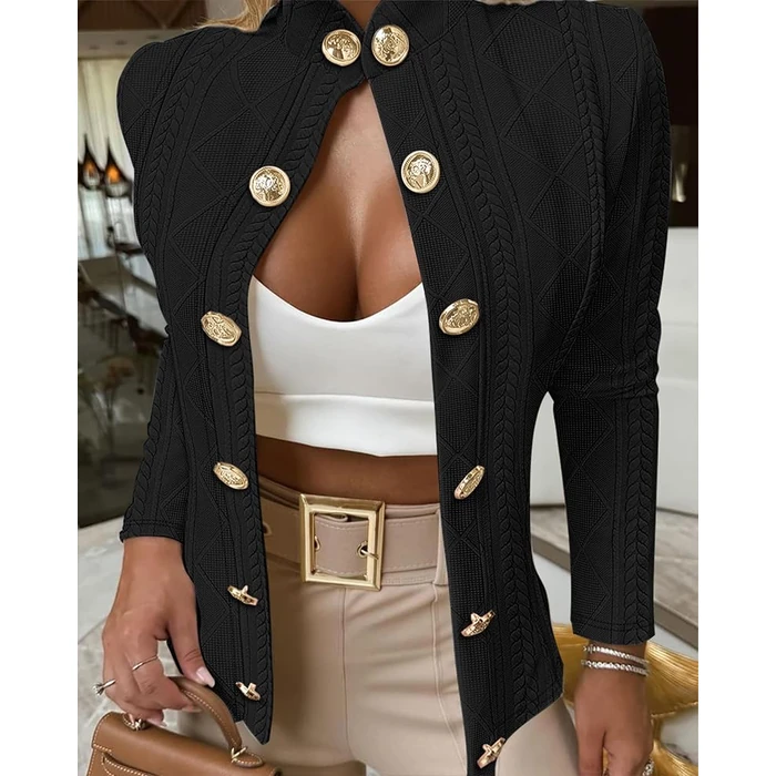 CHICME Women Argyle Cable Cardigan Casual Lightweight Cropped Coat Stand Collar Long Sleeve Metal Button Front Fall Black Jackets-L by CHICME - Image 3