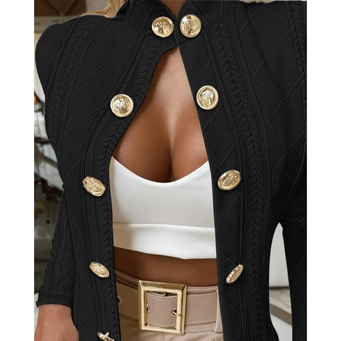 CHICME Women Argyle Cable Cardigan Casual Lightweight Cropped Coat Stand Collar Long Sleeve Metal Button Front Fall Black Jackets-L by CHICME - Image 4